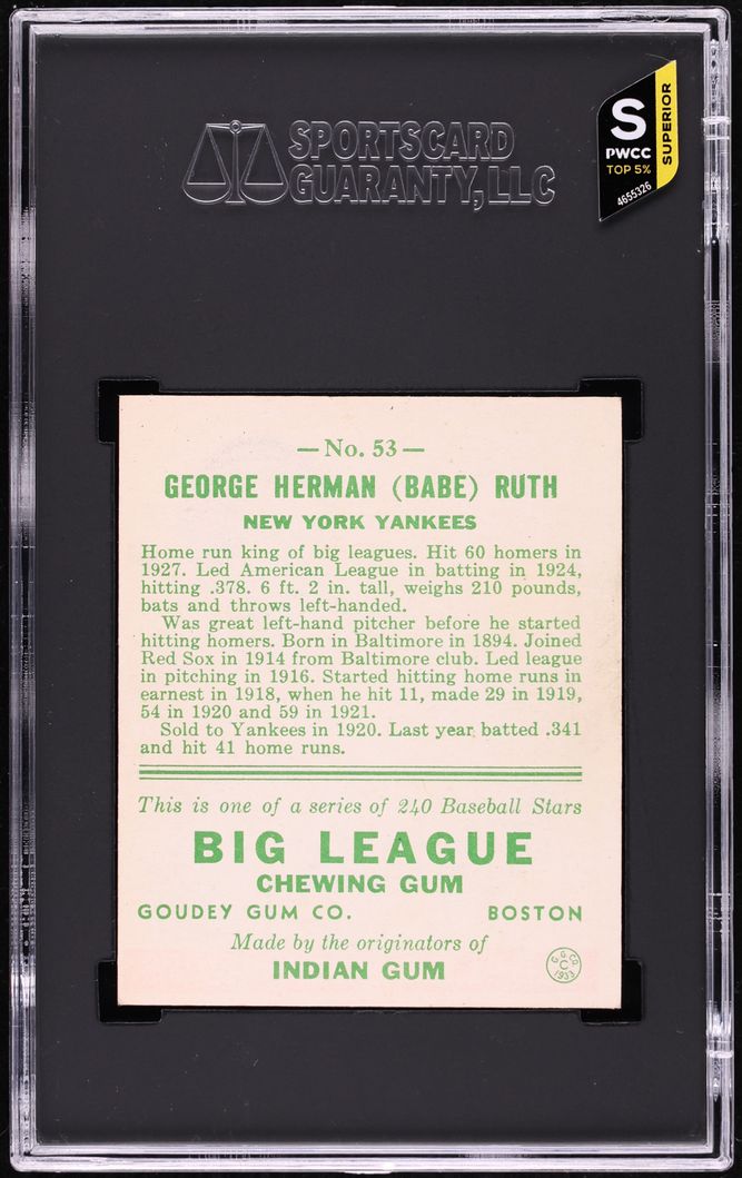 1933 Goudey Babe Ruth 53 SGC 5 EX On Fanatics Collect