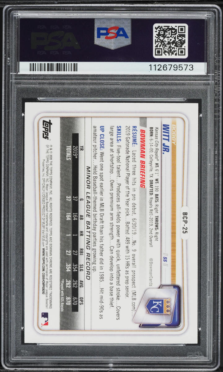 2020 Bowman Chrome Bobby Witt Jr PROSPECT #BCP-25 PSA 10 GEM MINT