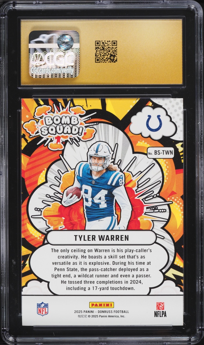 2025 Donruss Bomb Squad! Tyler Warren ROOKIE #BS-TWN CGC 10 PRISTINE