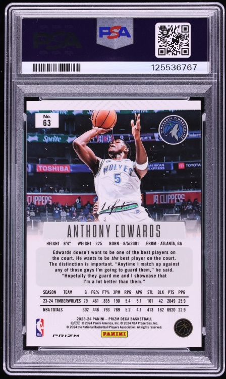 2023 Panini Prizm Deca Black Shimmer Anthony Edwards 1/1 #63 PSA 9 MINT