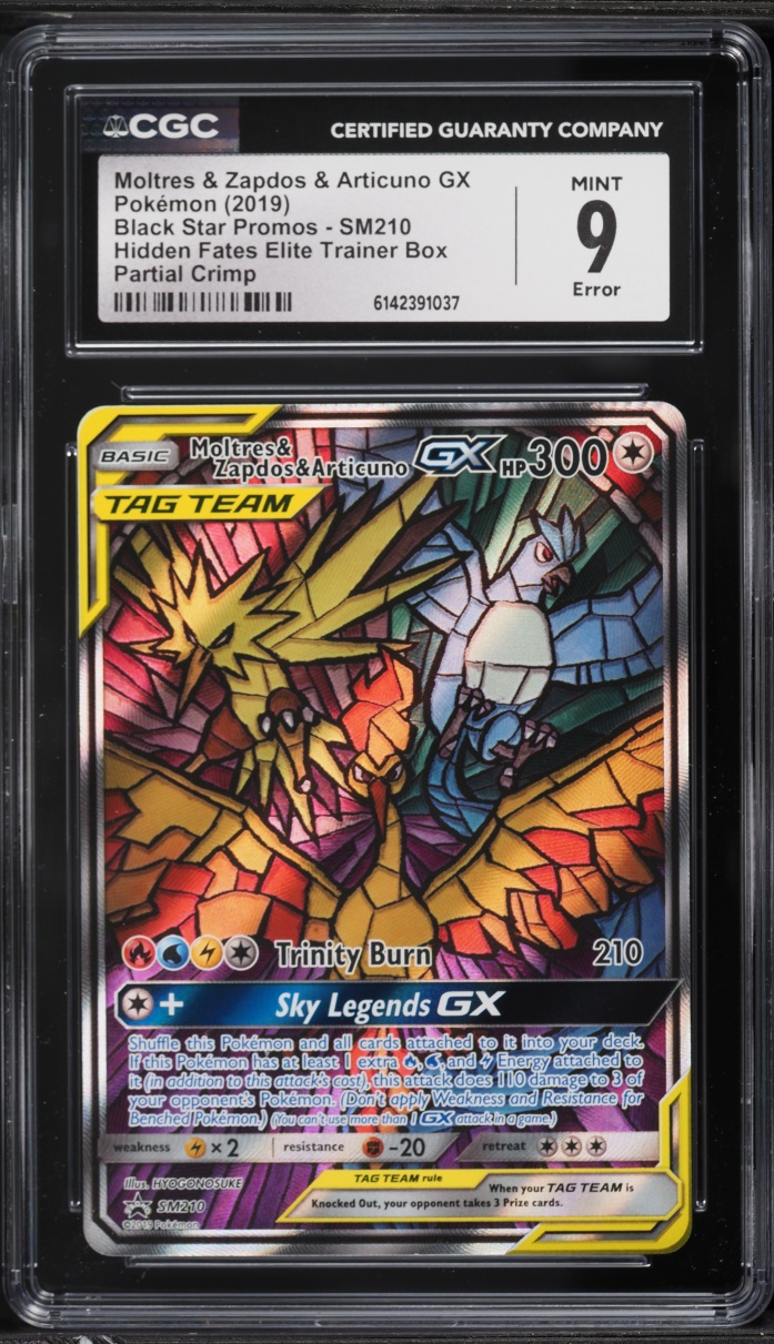 2019 Pokemon SM Promo Hidden Fates ETB Partial Crimp Moltres Zapdos Articuno GX #SM210 CGC 9