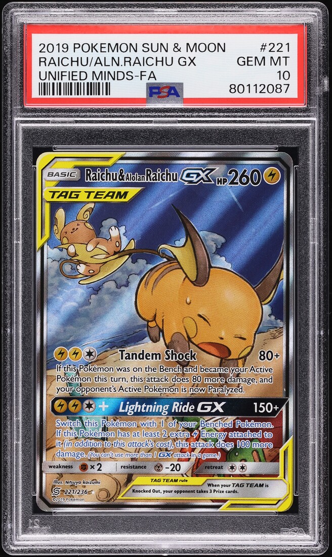 2019 Pokemon SM Unified Minds Alt Art Raichu & Alolan Raichu GX #221 PSA 10 GEM