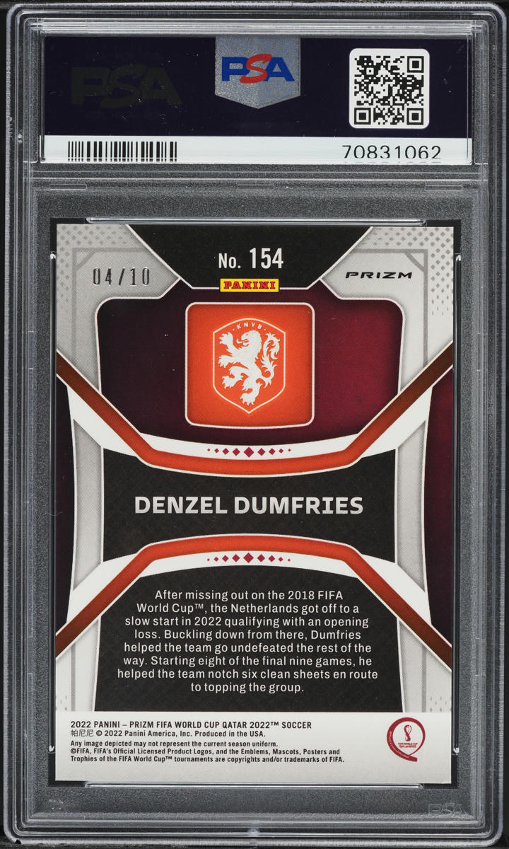 2022 Panini Prizm World Cup Qatar Gold Denzel Dumfries ROOKIE /10 #154 PSA 9 MINT