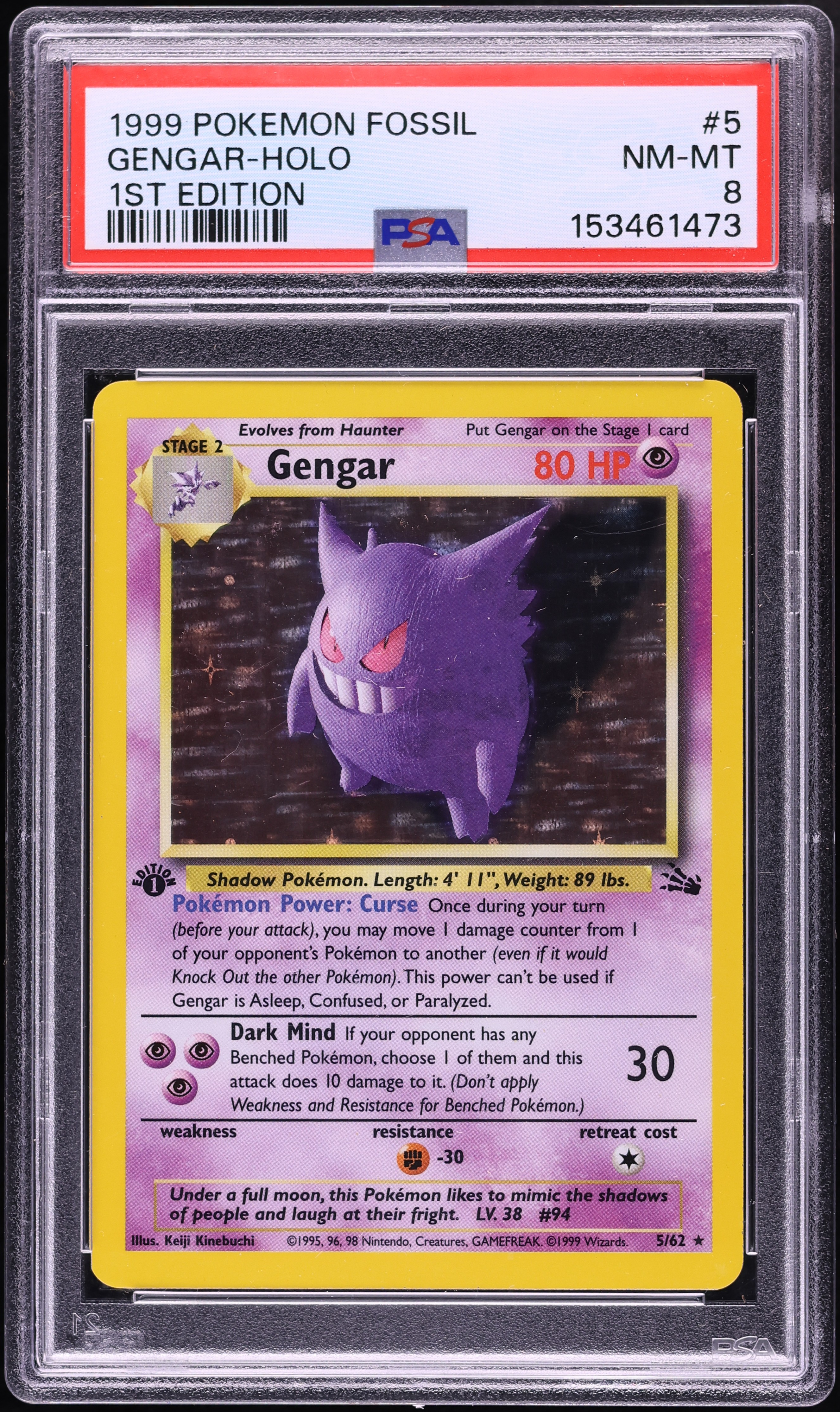 1999 Pokemon Fossil 1st Edition Holo Gengar #5 PSA 8 NM-MT