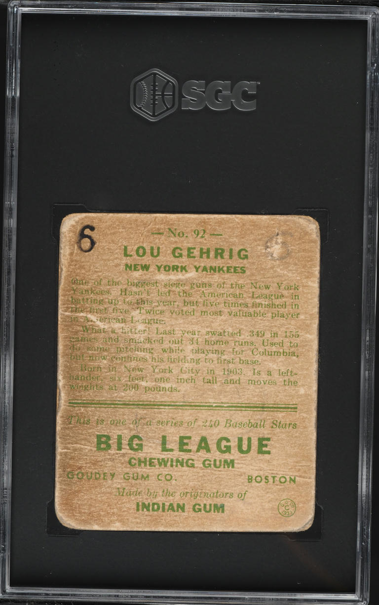 1933 Goudey Lou Gehrig #92 SGC 1 PR