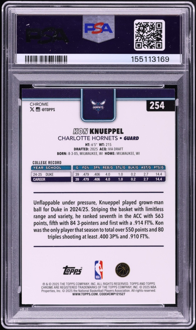 2025 Topps Chrome Xfractor Kon Knueppel ROOKIE #254 PSA 10 GEM MINT