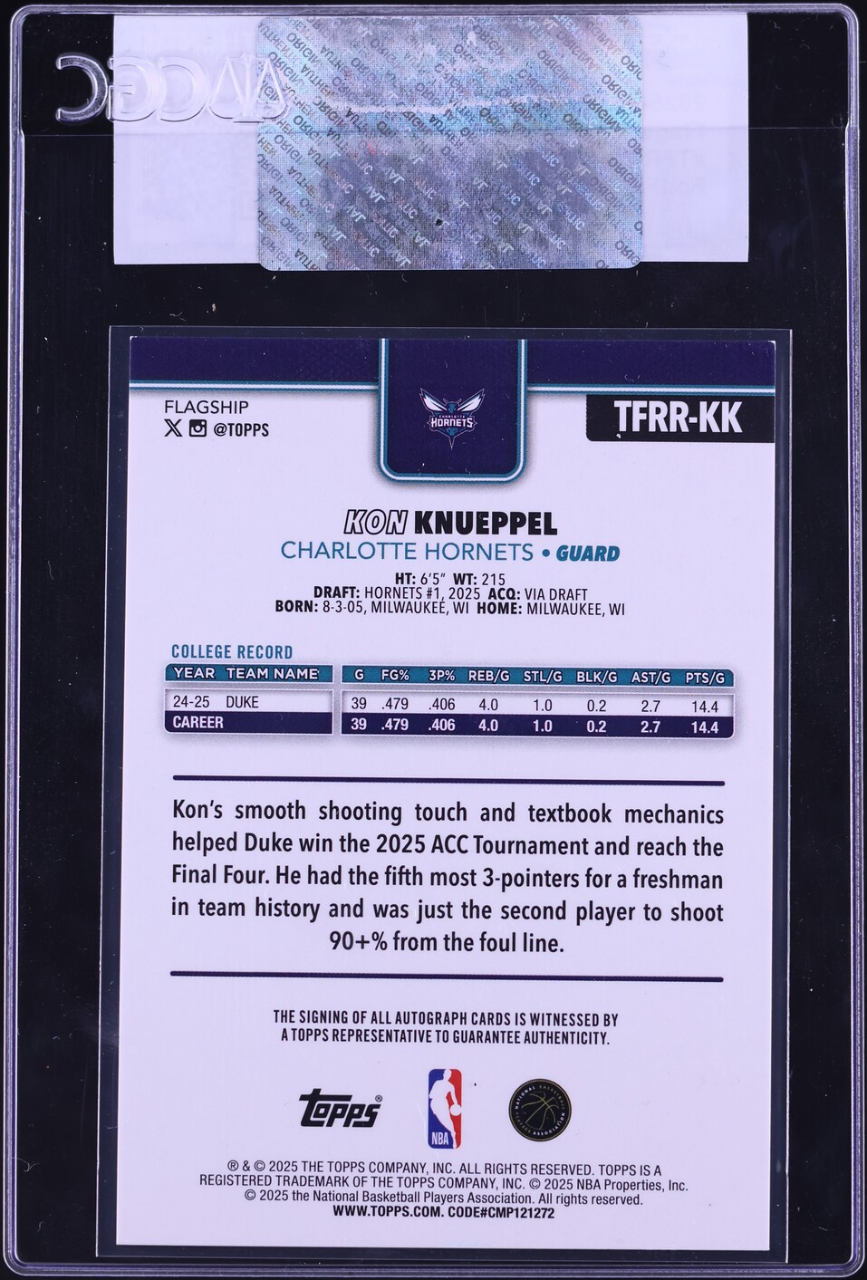 2025 Topps Flagship Real One Foilfractor Kon Knueppel ROOKIE AUTO 1/1 #TFRR-KK CGC AUTH