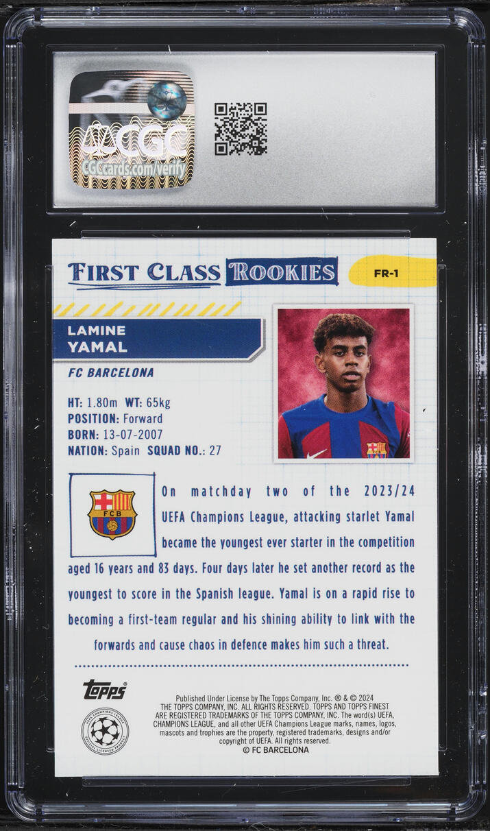 2023 Finest UEFA Club Competitions First Class Lamine Yamal ROOKIE #FR-1 CGC 10 GEM MINT
