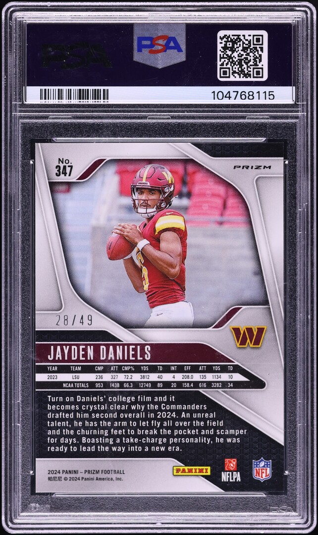 2024 Panini Prizm No Huddle Purple Jayden Daniels ROOKIE /49 #347 PSA 10 GEM