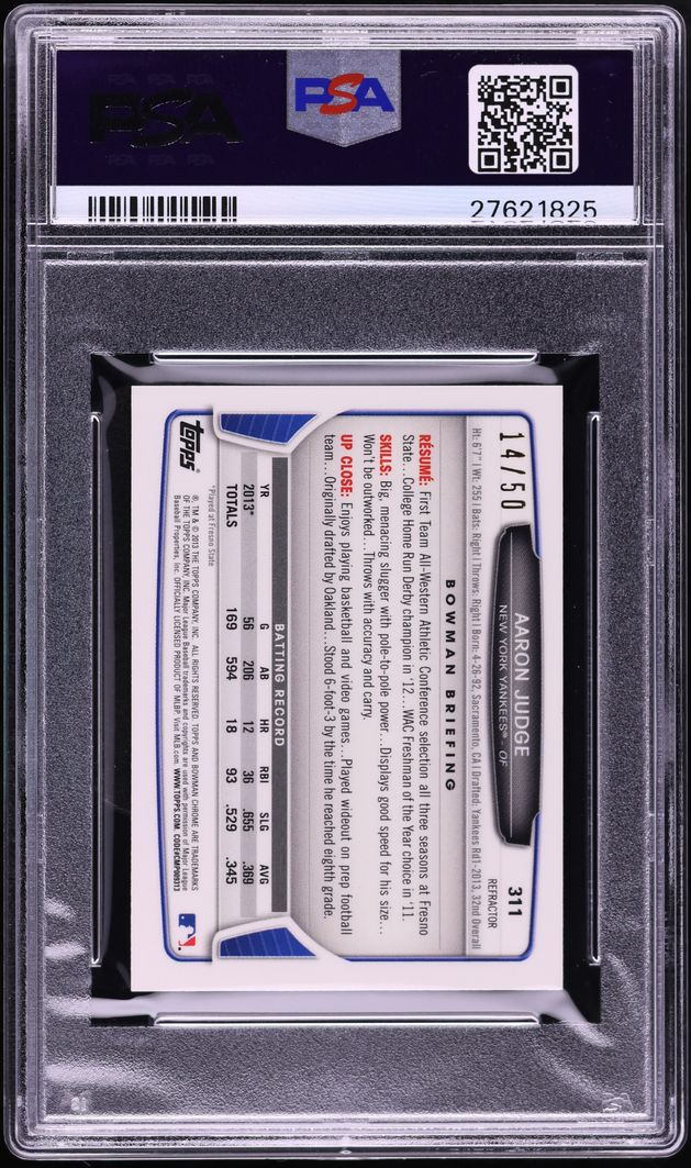 2013 Bowman Chrome Mini Gold Refractor Aaron Judge PROSPECT /50 #311 PSA 10 GEM MINT