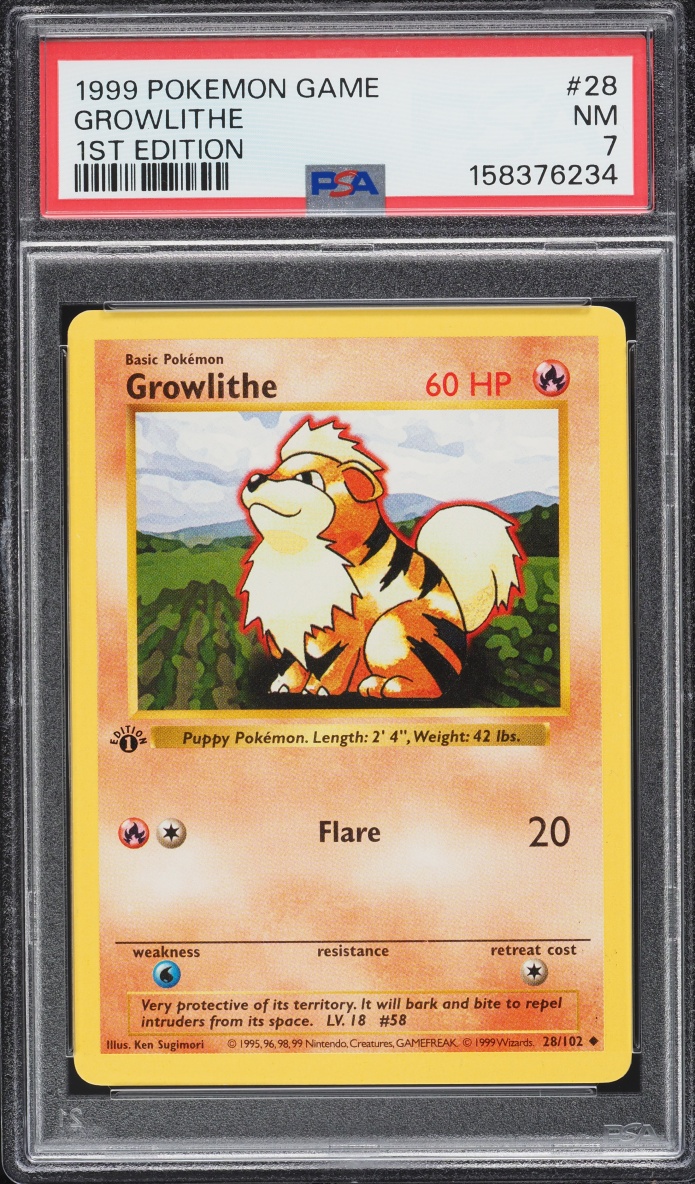 1999 Pokemon Base Set Shadowless 1st Edition Growlithe #28 PSA 7 NRMT