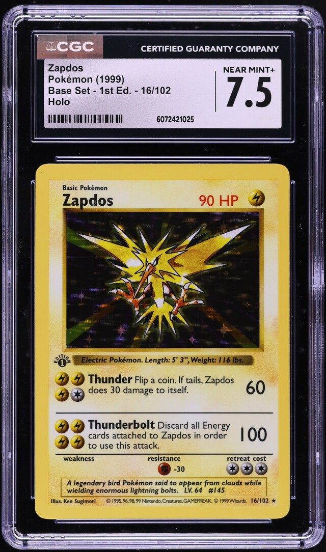 1999 Pokemon Base Set Shadowless 1st Edition Holo Zapdos #16 CGC 7.5 NRMT+