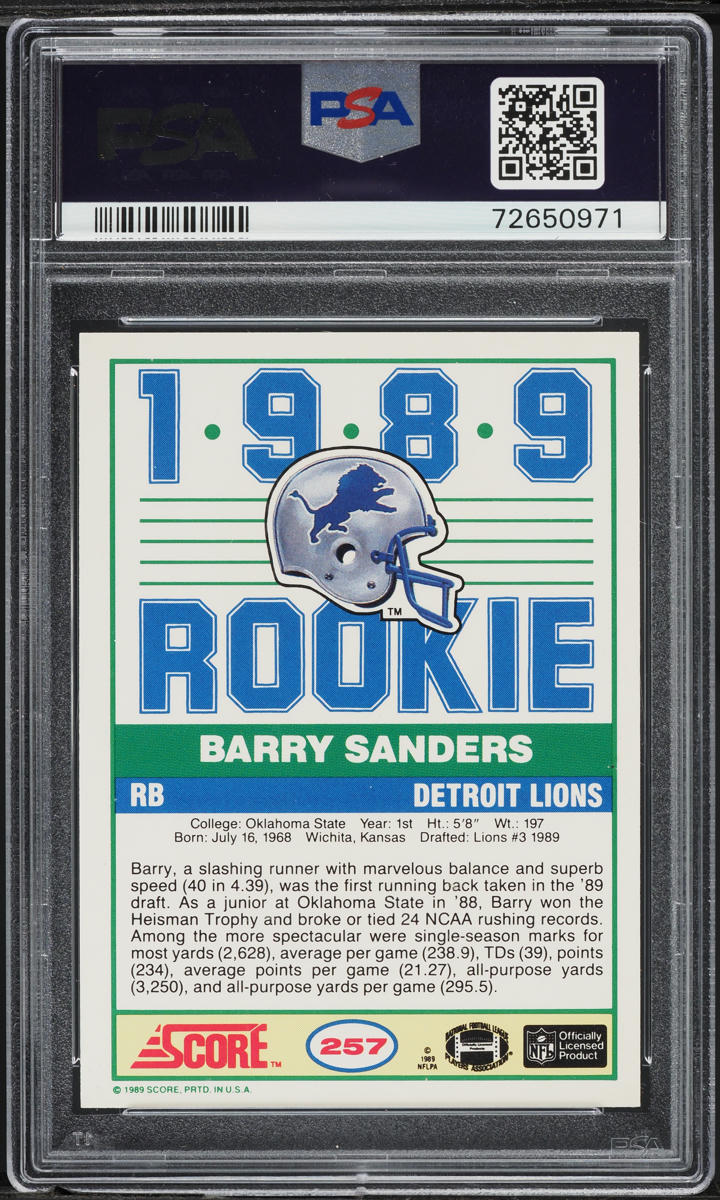 1989 Score Football Barry Sanders ROOKIE #257 PSA 10 GEM MINT