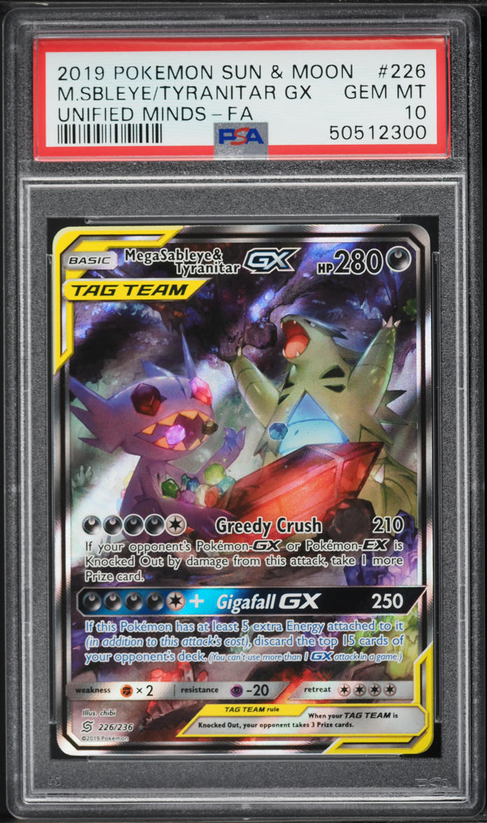 2019 Pokemon Sun & Moon Unified Minds Full Art Mega Sableye & Tyranitar GX #226 PSA 10 GEM MINT