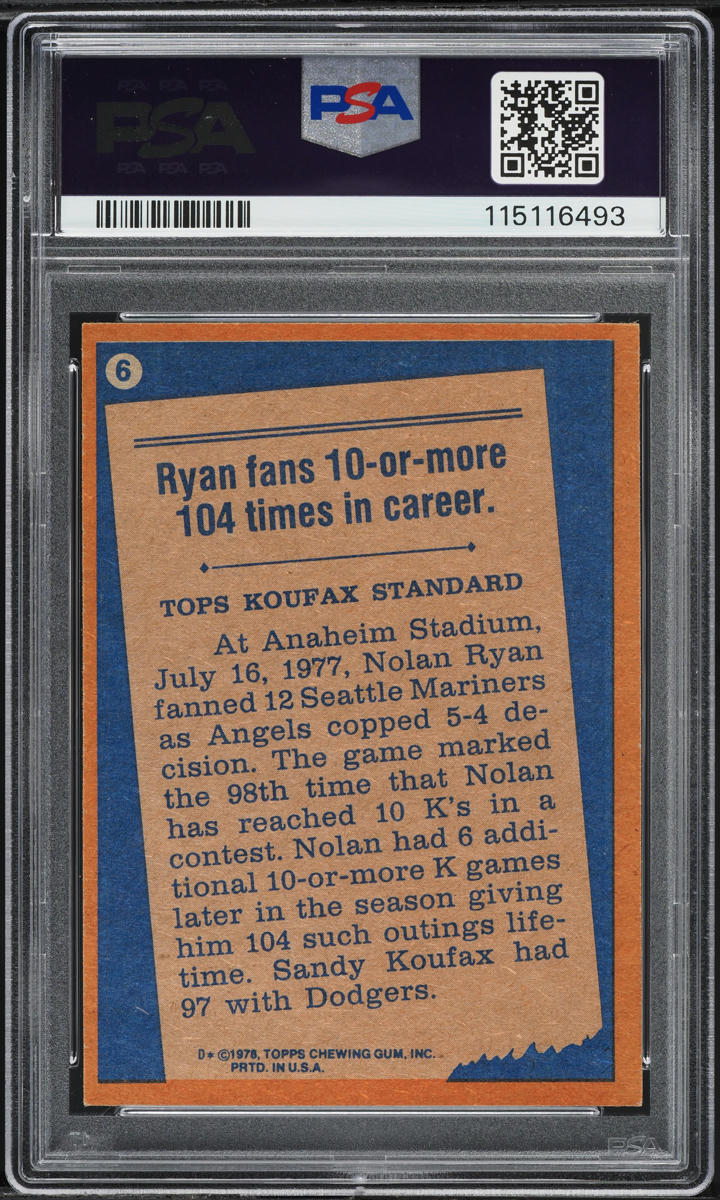 1978 Topps Nolan Ryan RECORD BREAKER #6 PSA 4 VGEX