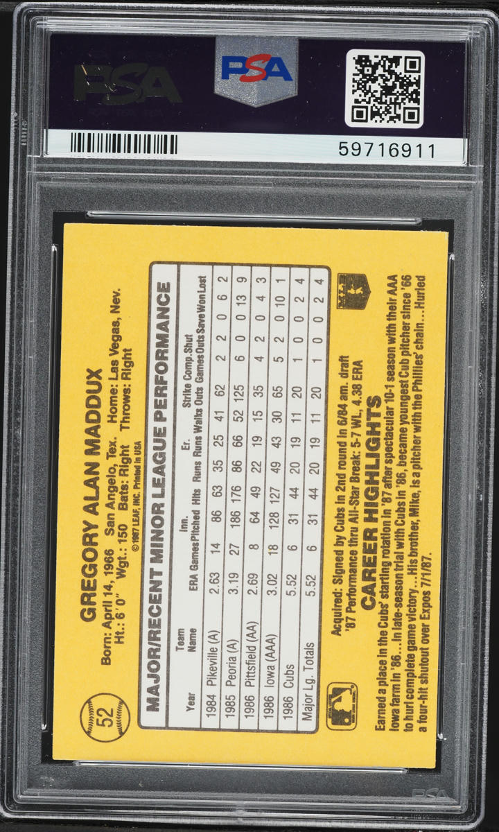1987 Donruss The Rookies Greg Maddux ROOKIE #52 PSA 8 NM-MT