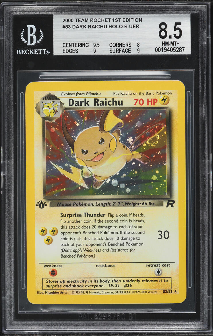 2000 Pokemon Team Rocket 1st Edition Reverse Holo Dark Raichu #83 BGS 8.5 NM-MT+
