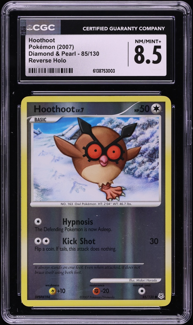2007 Pokemon Diamond & Pearl Reverse Holo Hoothoot #85 CGC 8.5 NM-MT+