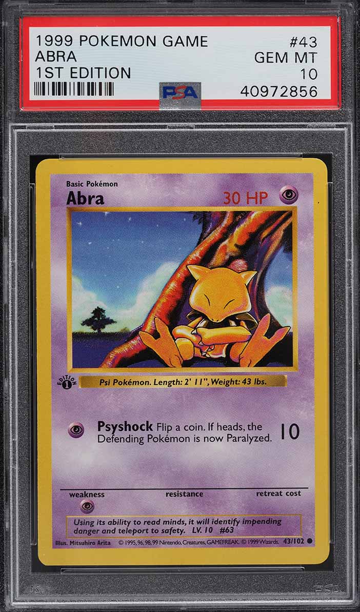1999 Pokemon Base Set Shadowless 1st Edition Abra #43 PSA 10 GEM MINT