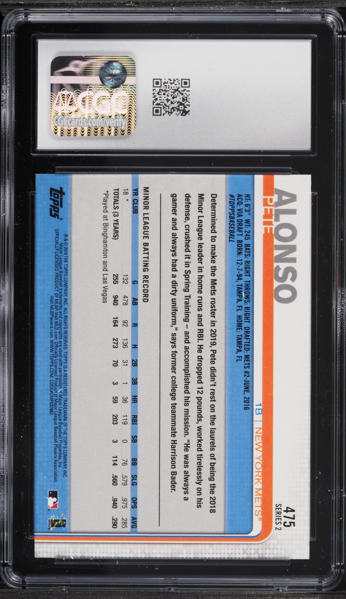 2019 Topps Pete Alonso ROOKIE #475 CGC 10 GEM MINT