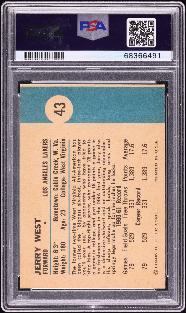 1961 Fleer Basketball Jerry West ROOKIE #43 PSA 7.5 NRMT+