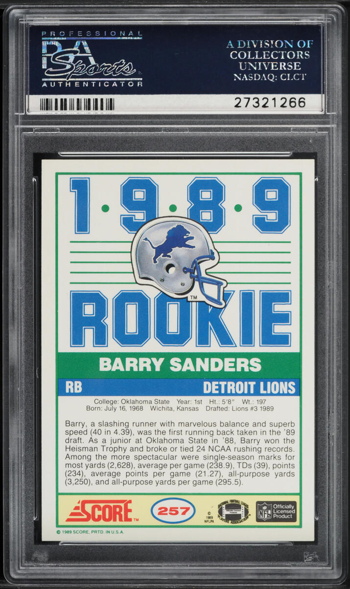 1989 Score Football Barry Sanders ROOKIE #257 PSA 10 GEM MINT