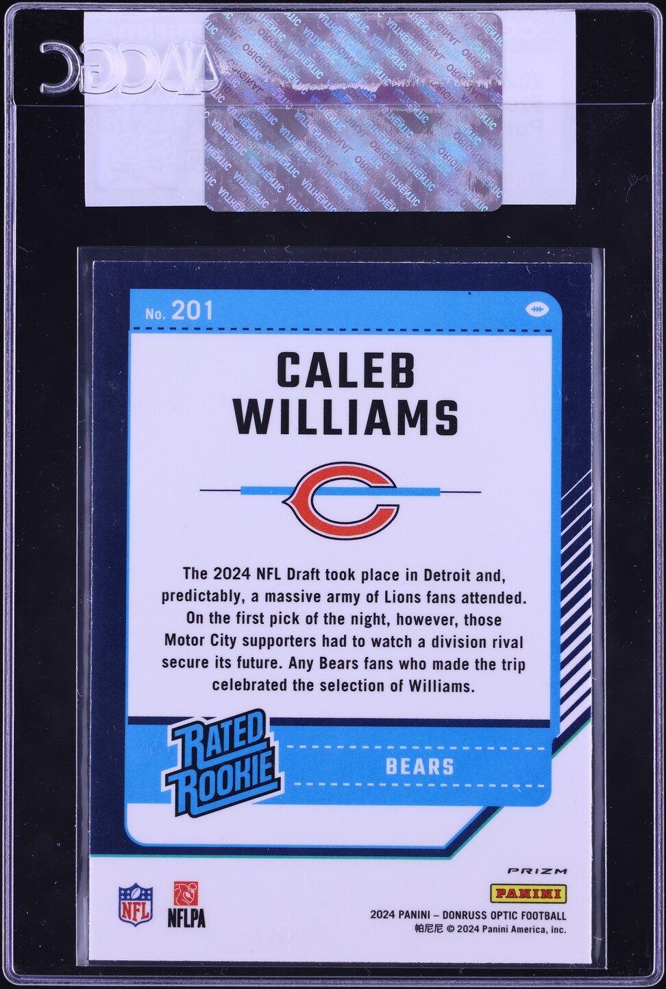 2024 Donruss Optic Purple Shock Prizm Caleb Williams ROOKIE #201 CGC AUTH