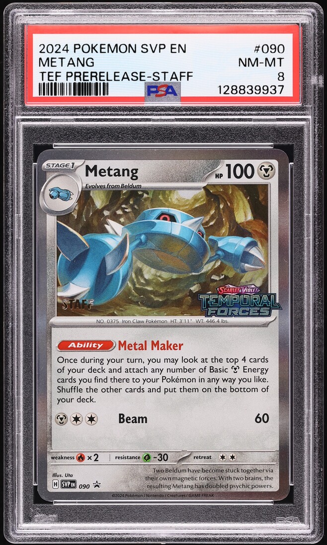 2024 Pokemon Scarlet & Violet Promo Temporal Forces Prerelease Staff Metang #090 PSA 8 NM-MT