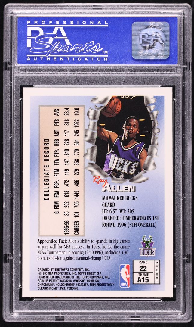 1996 Finest Basketball w/ Coating Ray Allen ROOKIE #22 PSA 9 MINT