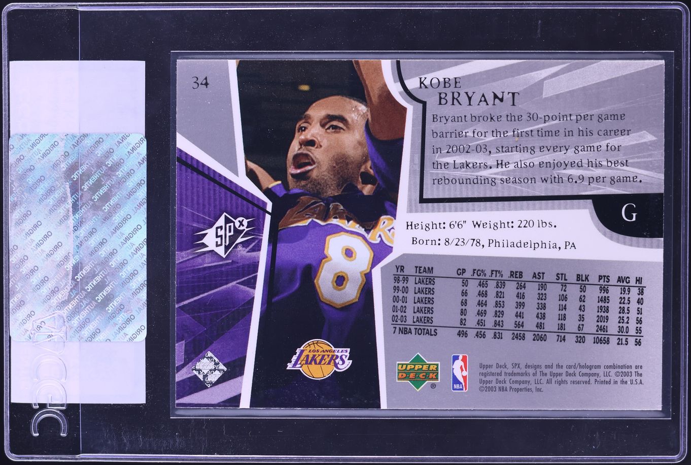 2003 SPx Basketball Kobe Bryant #34 CGC AUTH