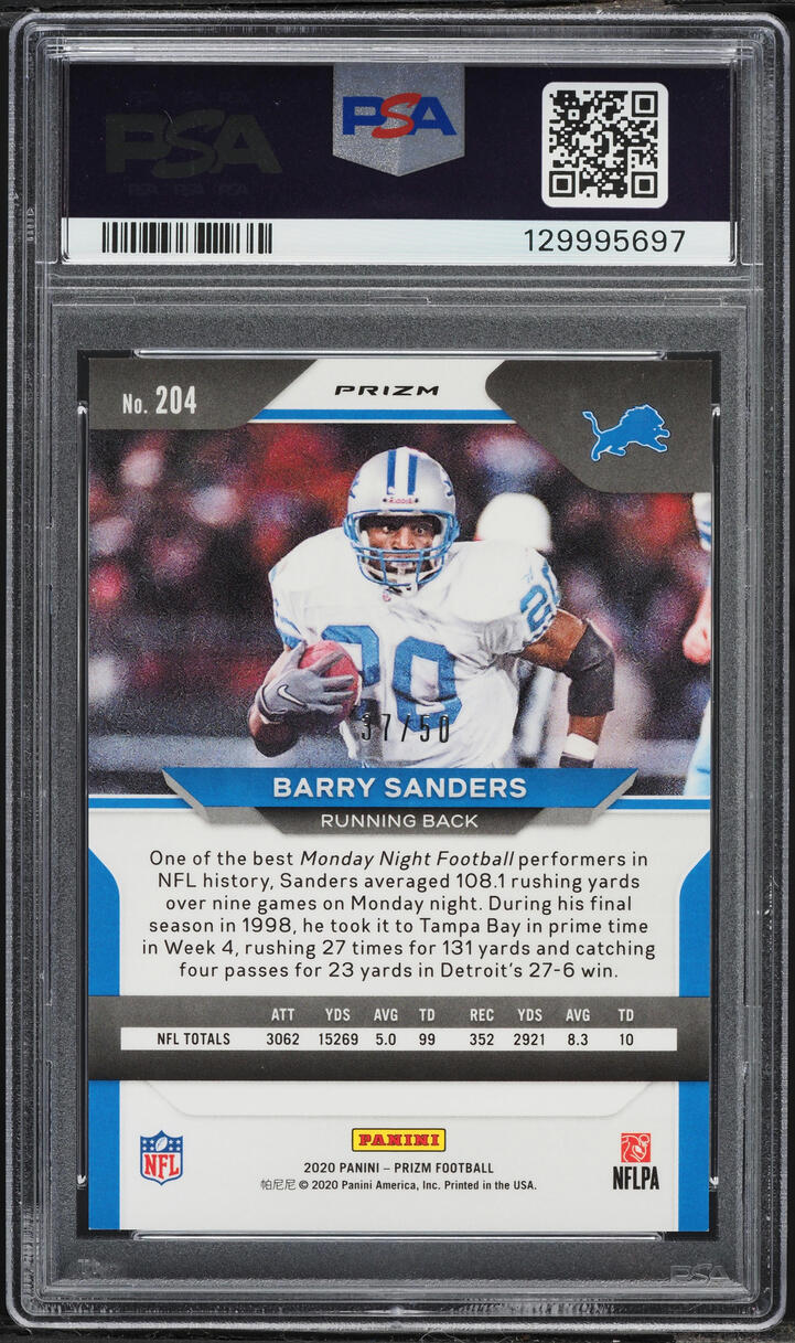 2020 Panini Prizm No Huddle Red Barry Sanders /50 #204 PSA 9 MINT