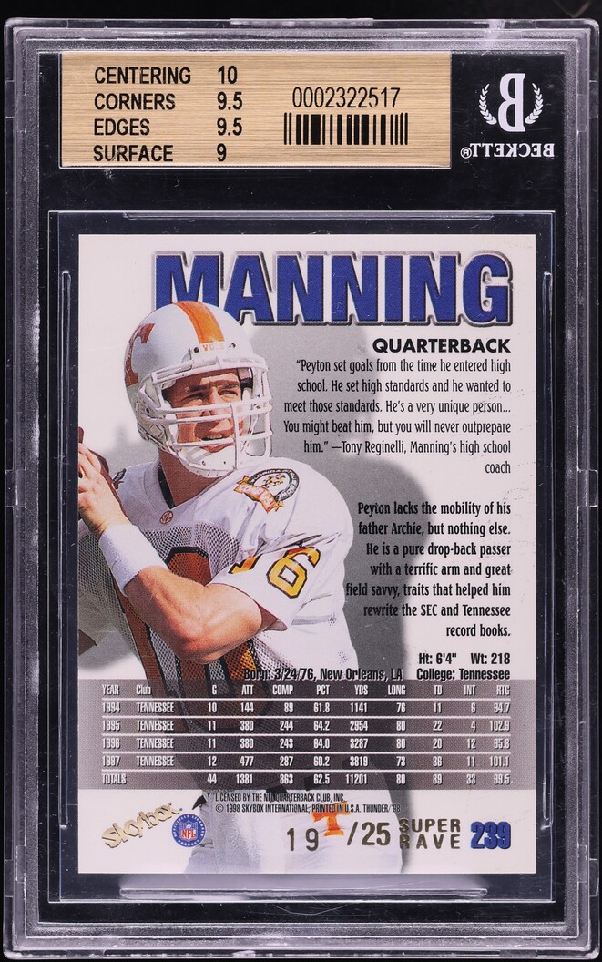 1998 Skybox Thunder Super Rave Peyton Manning ROOKIE /25 #239 BGS 9.5 GEM MINT - Photo 2