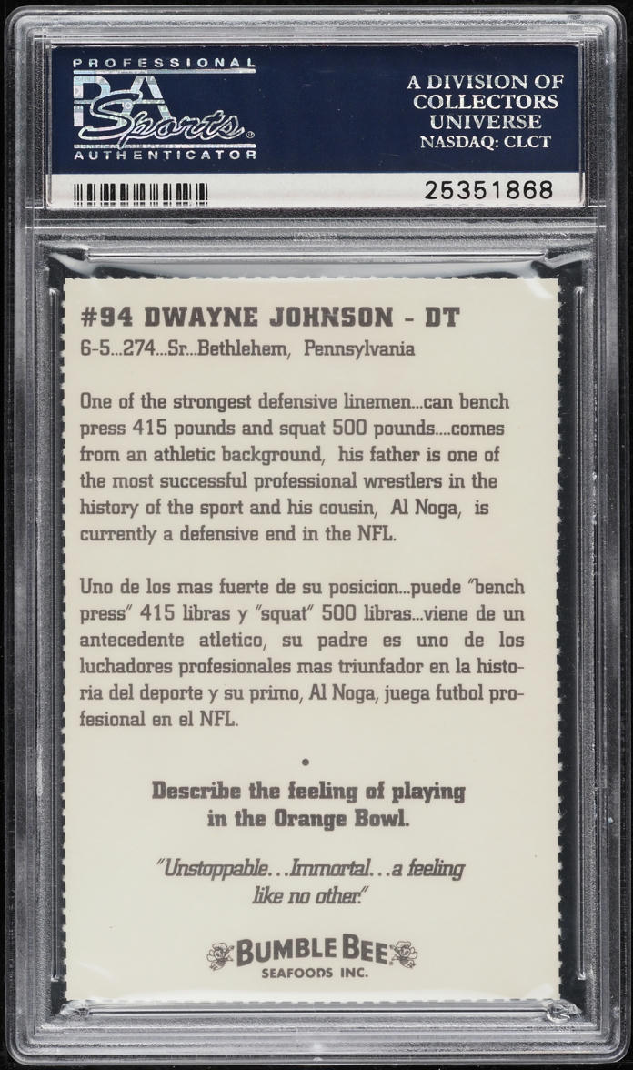 1994 Miami Bumble Bee Perforated Dwayne 'The Rock' Johnson ROOKIE PSA 10 GEM