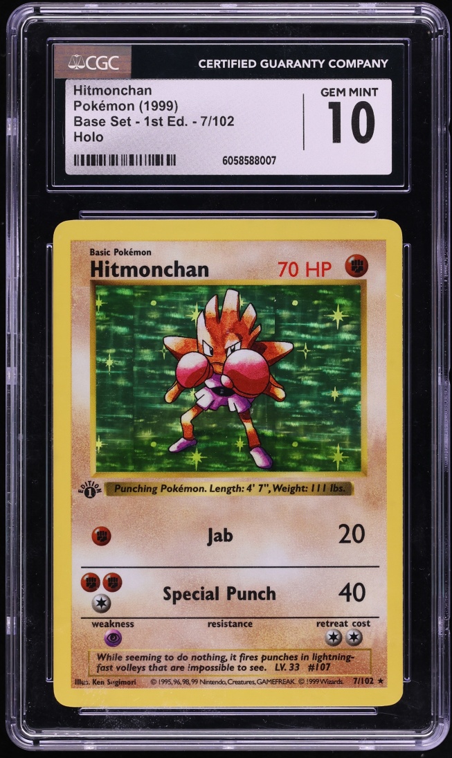 1999 Pokemon Base Set Shadowless 1st Edition Holo Hitmonchan #7 CGC 10 GEM MINT