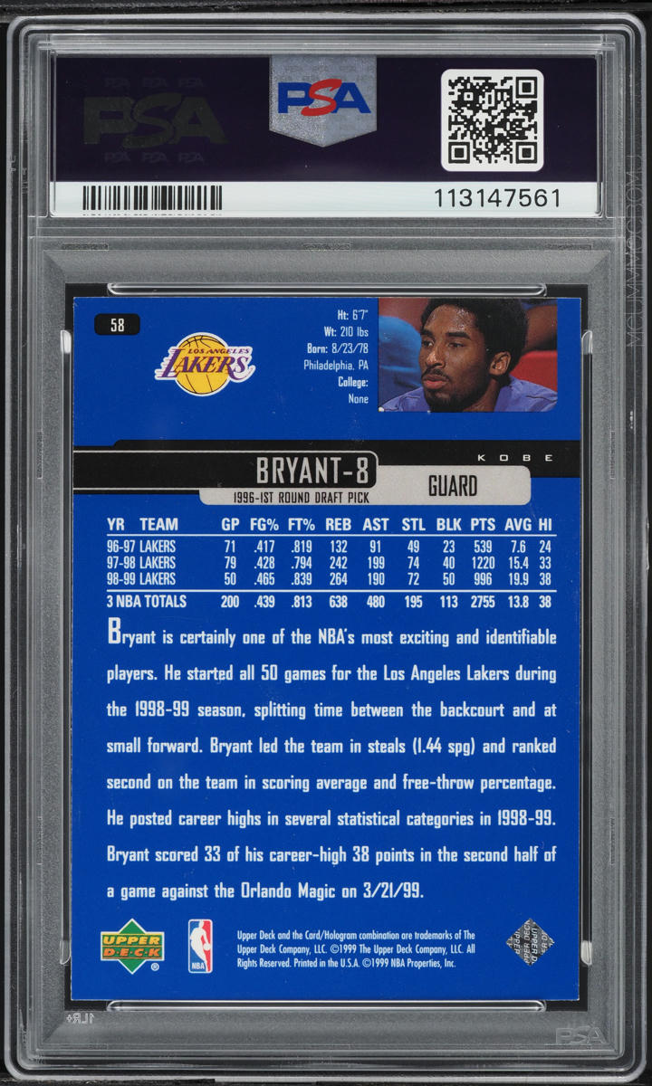 1999 Upper Deck Basketball Kobe Bryant #58 PSA 7 NRMT