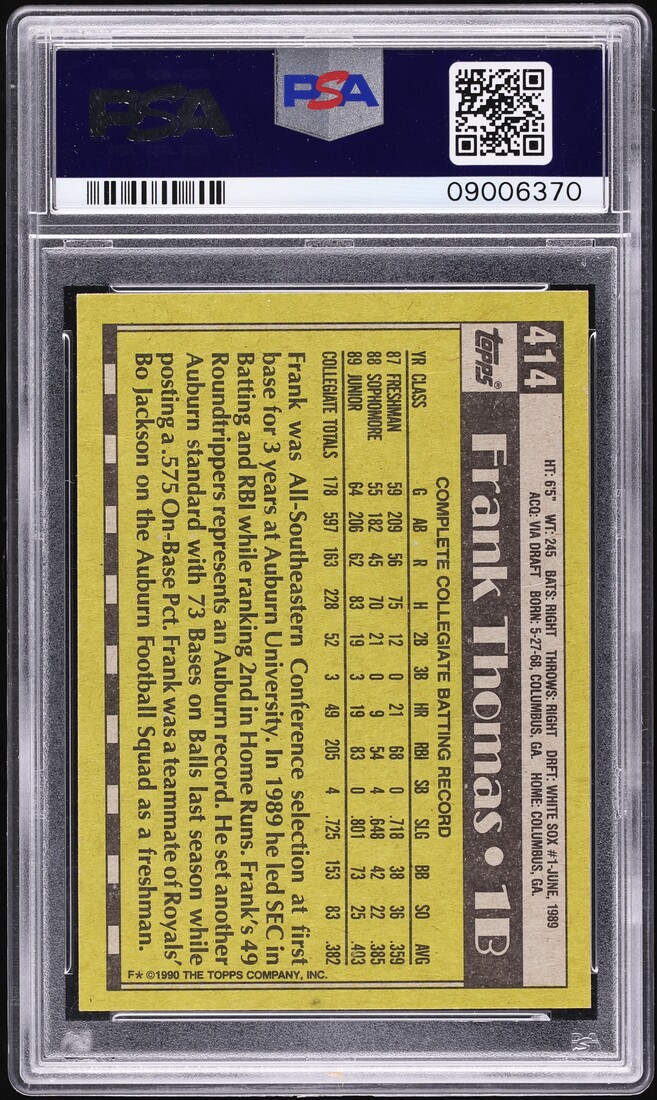 1990 Topps Frank Thomas ROOKIE, NO NAME ON FRONT #414 PSA 8 NM-MT