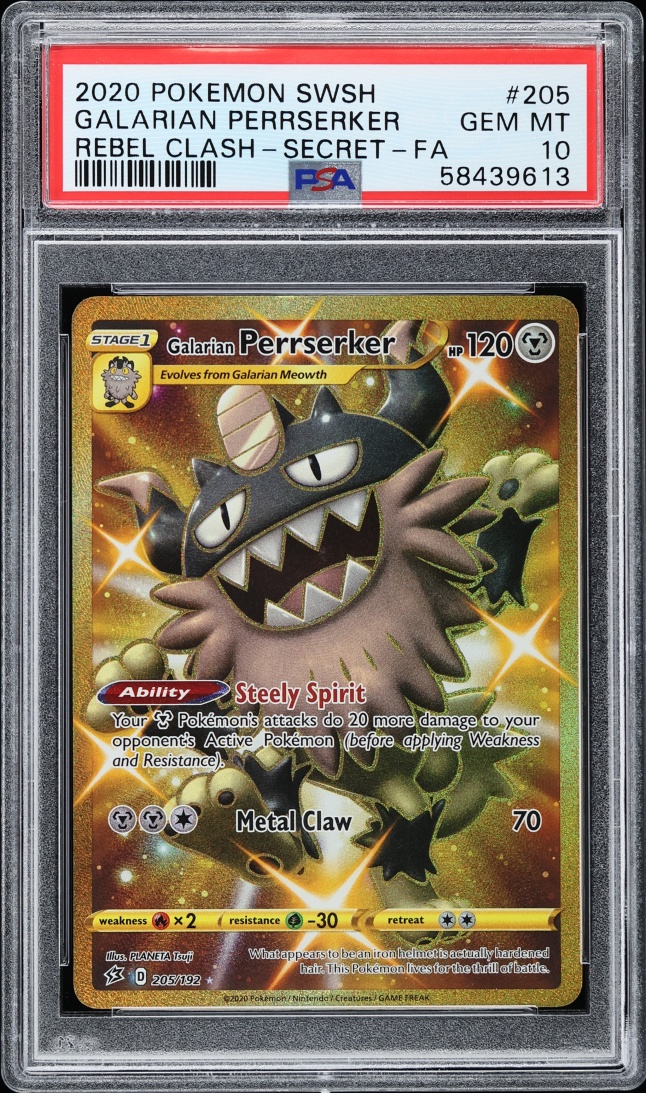 2020 Pokemon Sword & Shield Rebel Clash Gold Rare Galarian Perrserker #205 PSA 10 GEM MINT