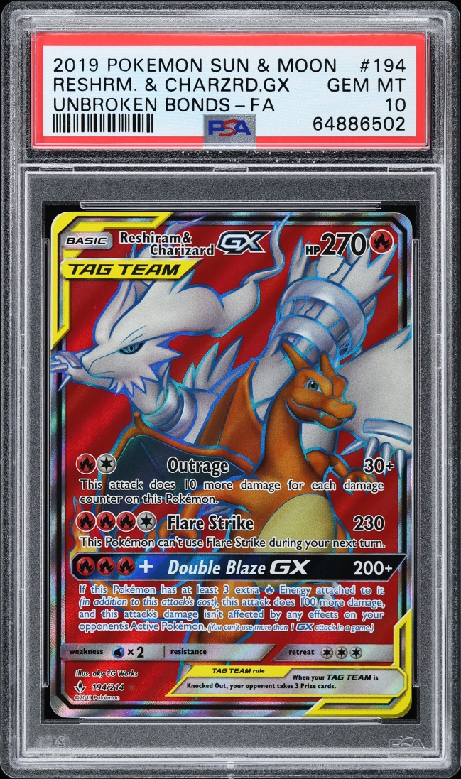 2019 Pokemon Sun & Moon Unbroken Bonds Full Art Reshiram & Charizard GX #194 PSA 10 GEM MINT