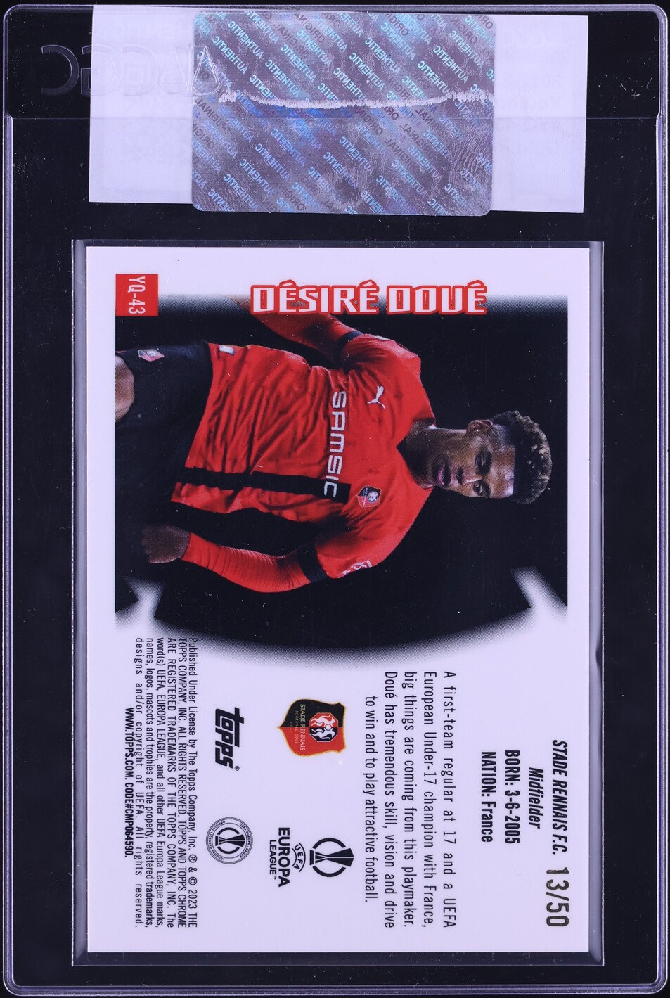 2022 Topps Chrome UEFA CC Youthquake Gold Refractor Desire Doue RC /50 CGC AUTH