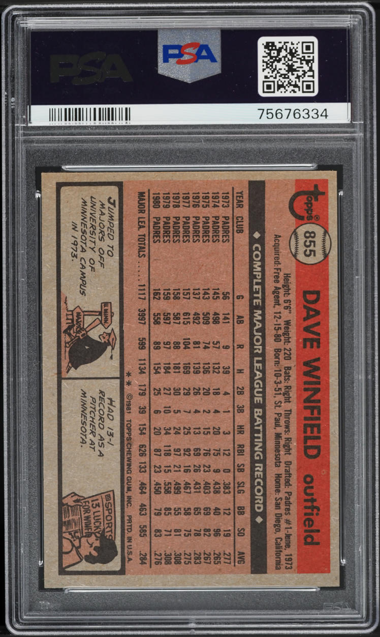 1981 Topps Traded Dave Winfield #855 PSA 10 GEM MINT