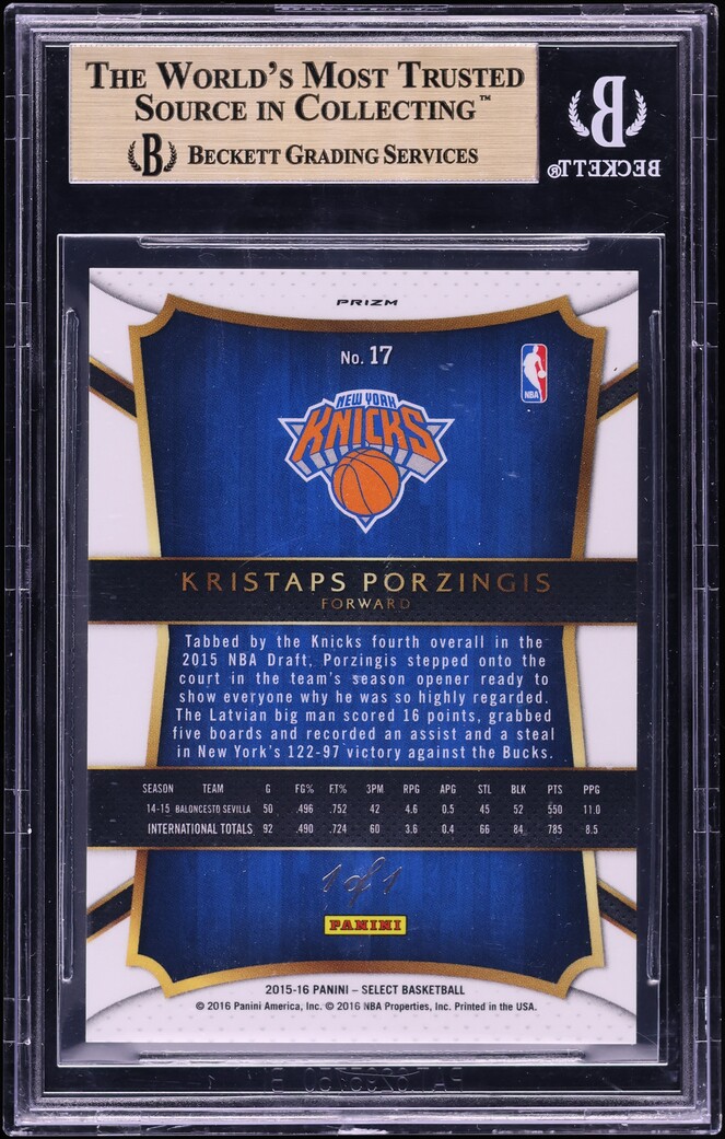 2015 Select Black Prizm Kristaps Porzingis ROOKIE 1/1 #17 BGS 9.5 GEM MINT