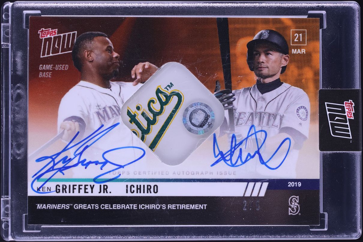 2019 Topps Now Orange Ken Griffey Jr. & Ichiro BASE PATCH AUTO /5 #8C