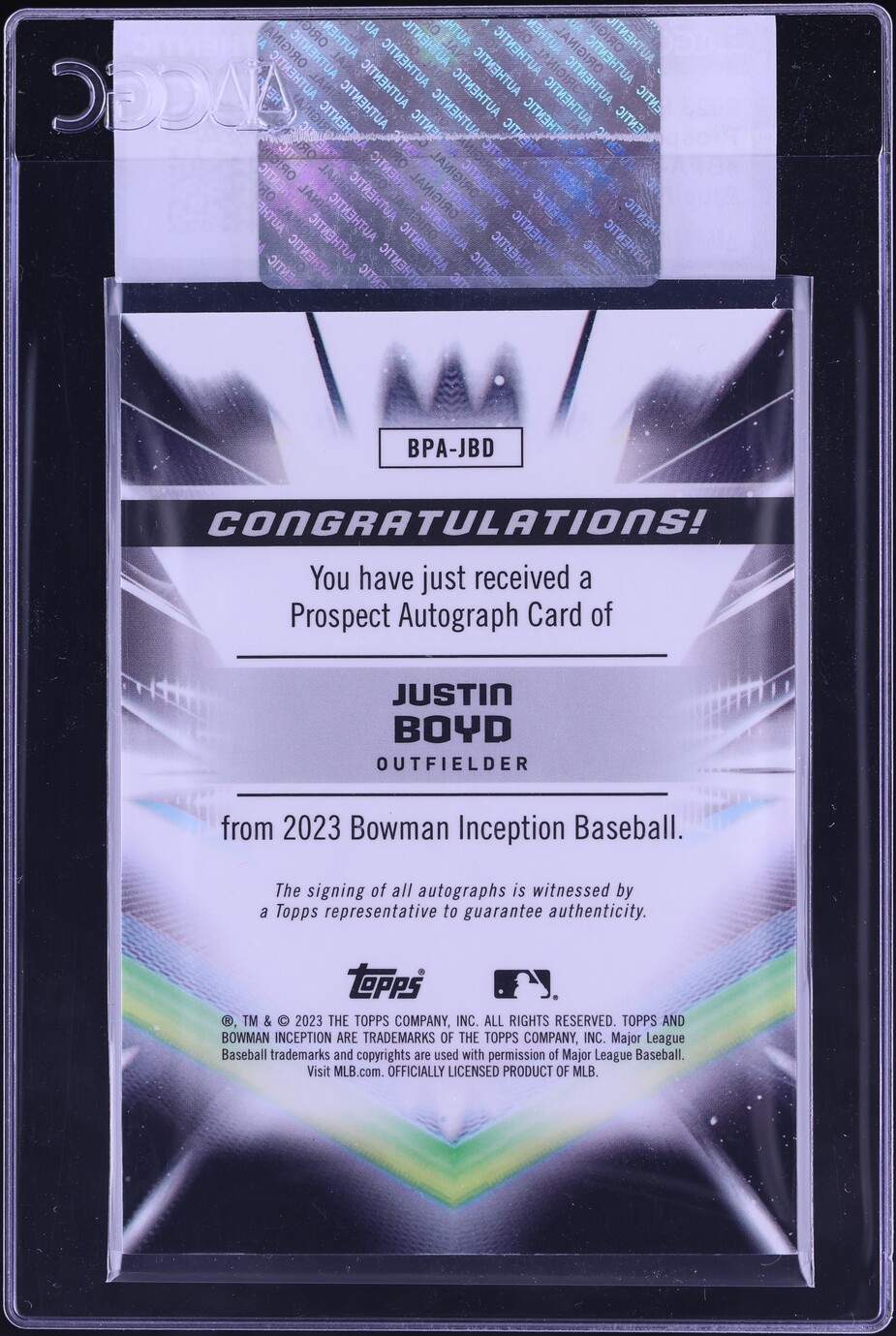 2023 Bowman Inception Blue Foil Justin Boyd PROSPECT AUTO 1/99 #BPA-JBD CGC AUTH