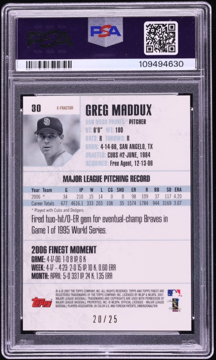 2007 Finest Xfractor Greg Maddux /25 #30 PSA 10 GEM MINT - Photo 2