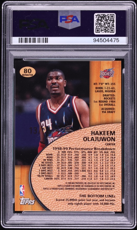 1999 Stadium Club Chrome 1st Day Issue Refractor Hakeem Olajuwon /25 #80 PSA 10 GEM MINT - Photo 2