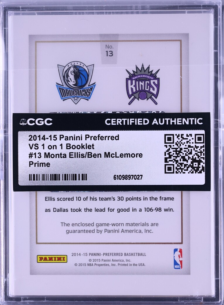 2014 Panini Preferred VS 1 On 1 Booklet Prime Monta Ellis Ben McLemore PATCH /25 #13 CGC AUTH