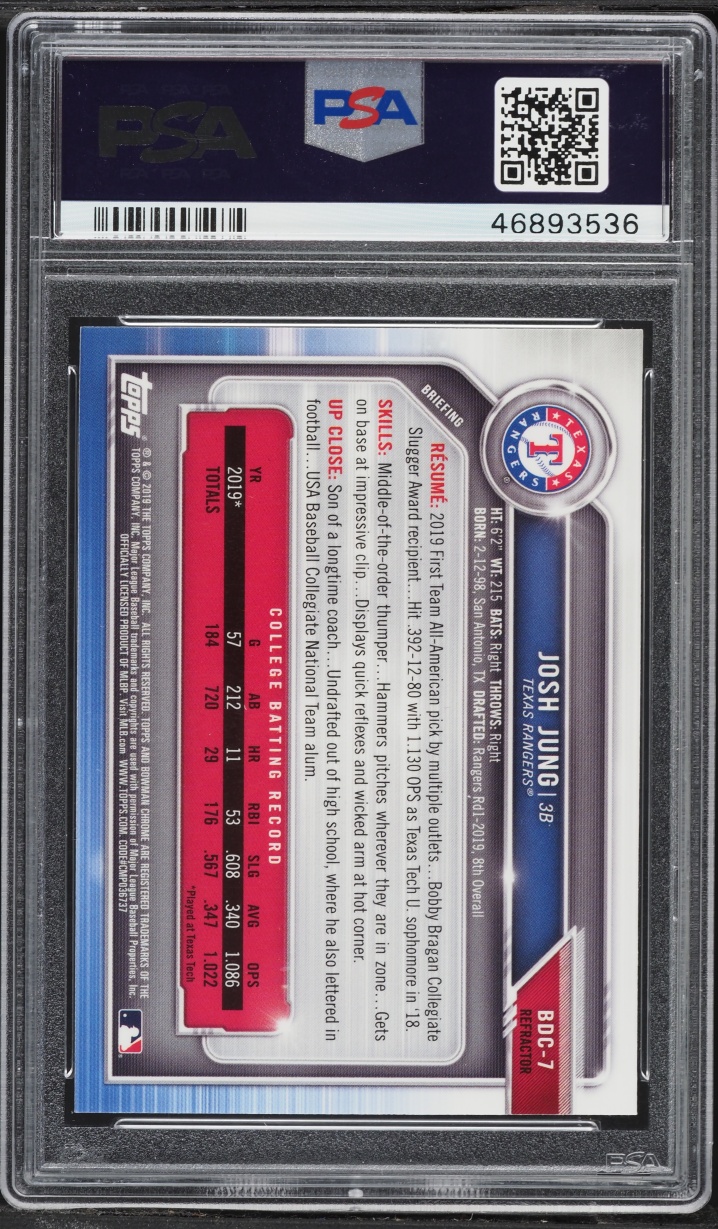 2019 Bowman Chrome Draft Refractor Josh Jung PROSPECT #BDC-7 PSA 10 GEM MINT