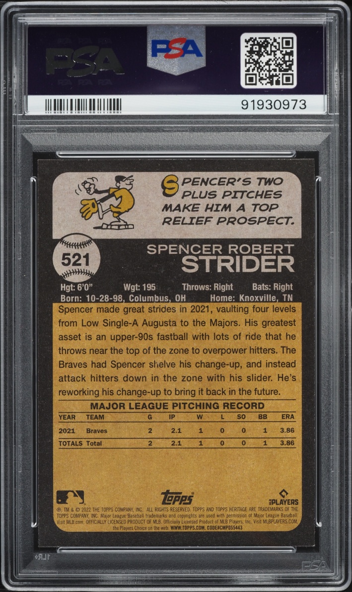 2022 Topps Heritage Spencer Strider ROOKIE #521 PSA 9 MINT