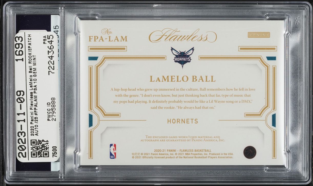 2020 Panini Flawless LaMelo Ball ROOKIE PATCH AUTO /25 #FPALAM PSA 10 GEM MINT