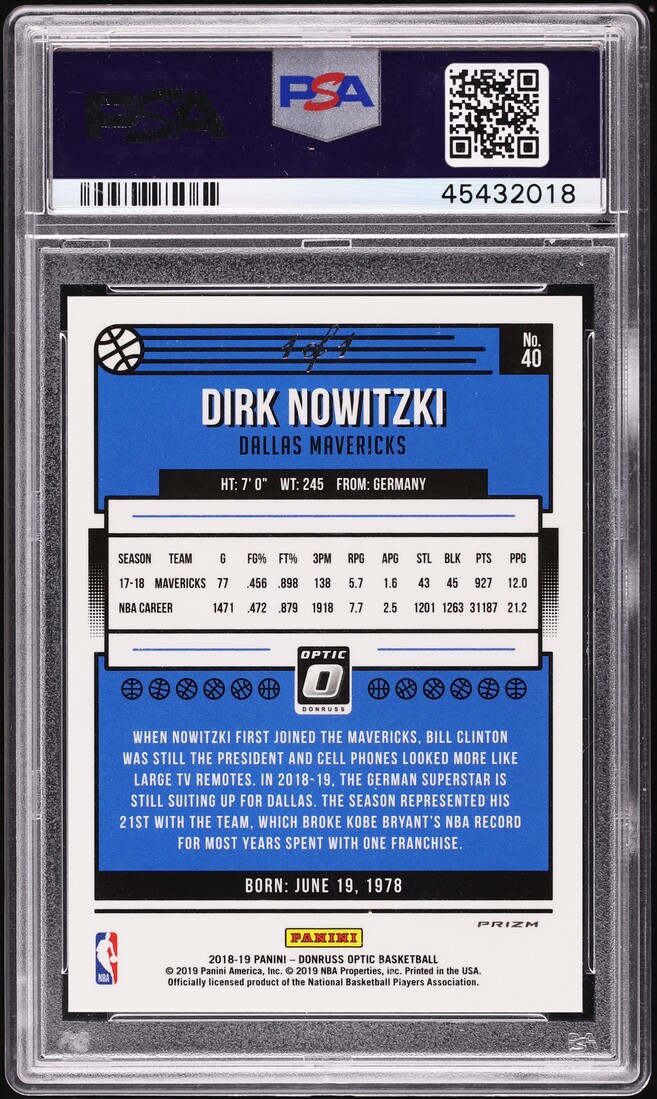 2018 Donruss Optic Gold Vinyl Dirk Nowitzki 1/1 #40 PSA 9 MINT - Photo 2